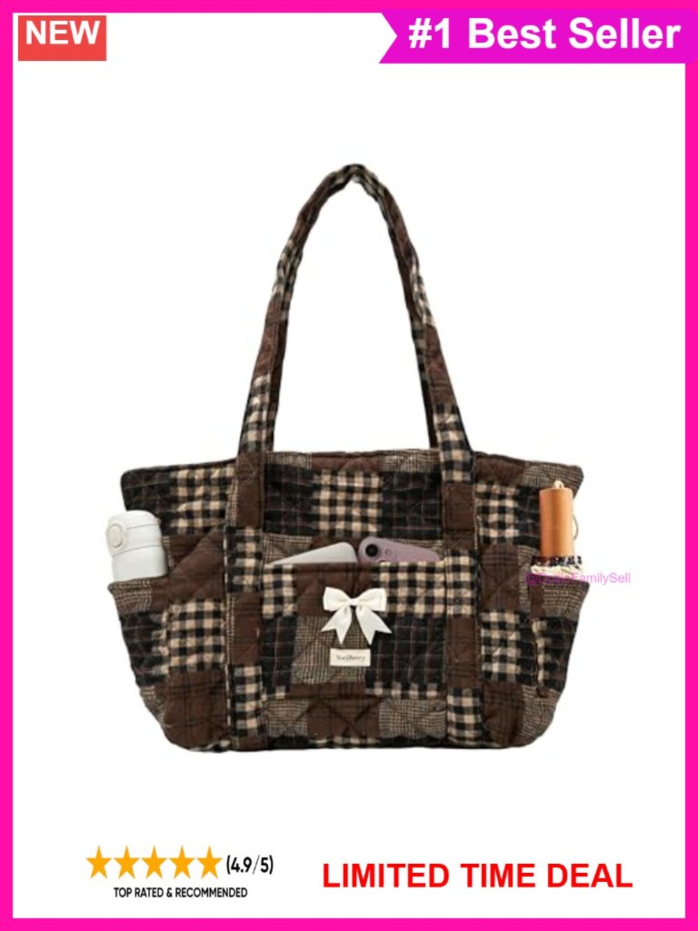 Quilted Floral Tote Bag with Zipper Cotton Patchwork Shoulder Bag
